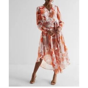 Express Powder Pink, lilac and orange Front Tie Waist Maxi Dress w/ long sleeve